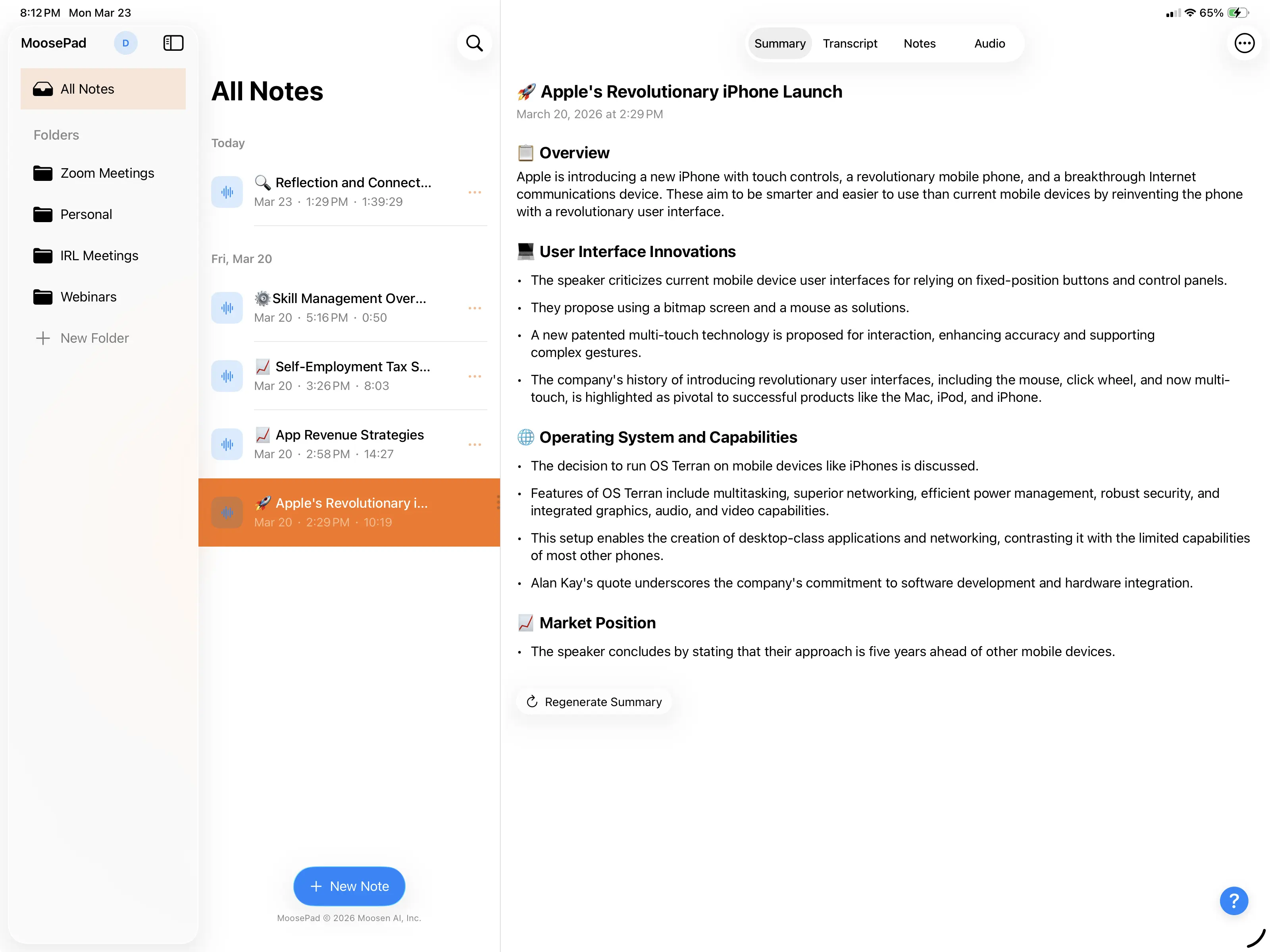 MoosePad app - Meeting Summary View