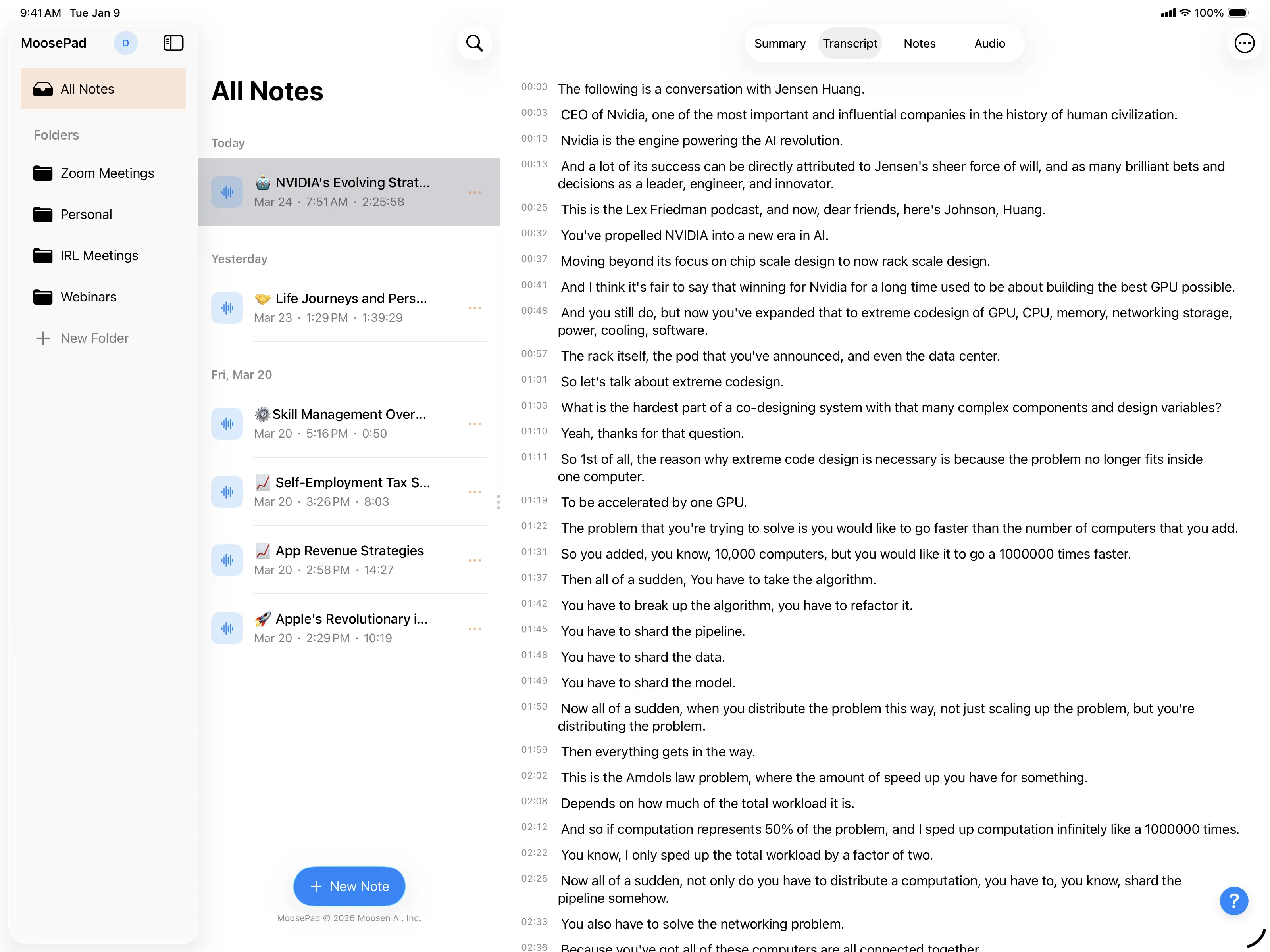 MoosePad real-time transcription with timestamps